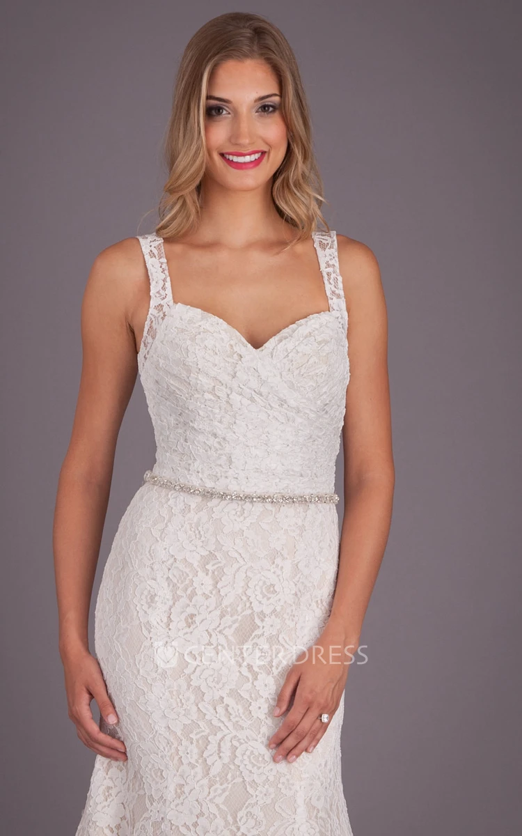A-Line Sleeveless Jeweled Floor-Length Lace Wedding Dress With Criss Cross And Keyhole Back