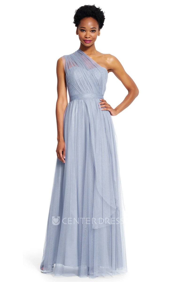 A-Line Strapped Maxi Sleeveless Ruched Tulle Bridesmaid Dress With Sash