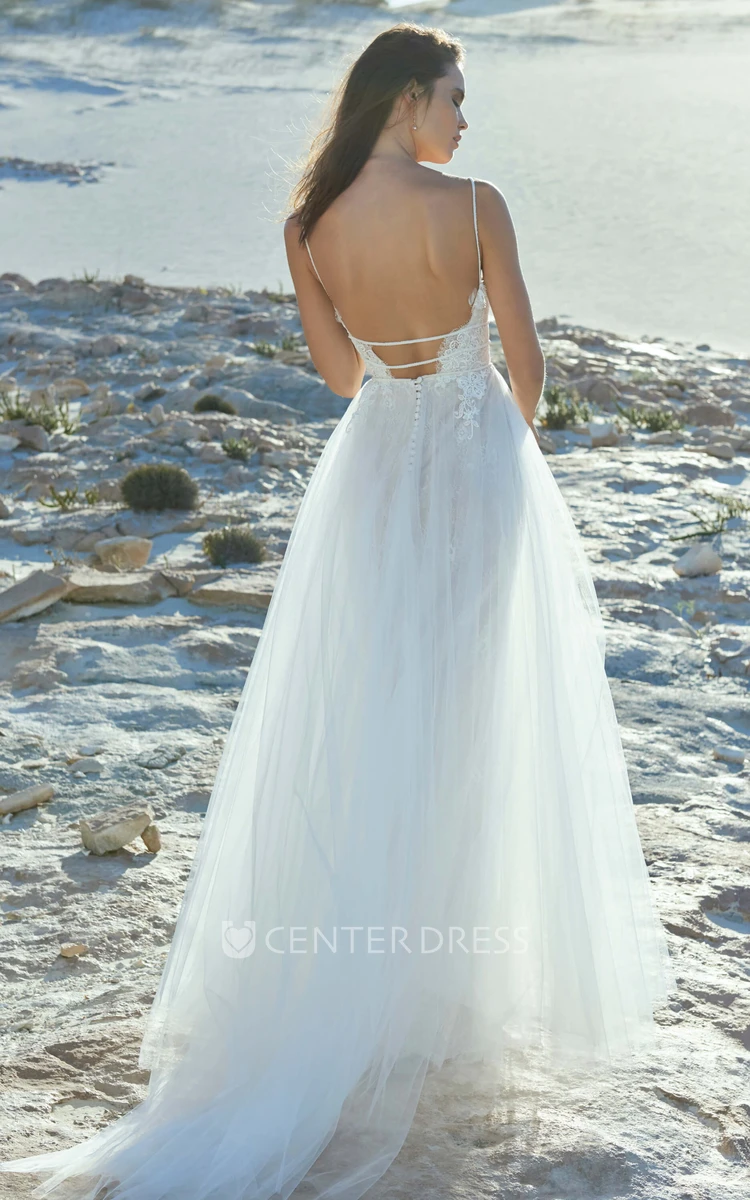 Tulle Spaghetti Plunging And Open Back With Straps Sexy Wedding Dress With Lace Top