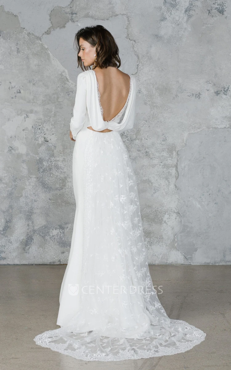 Elegant Sheath Chiffon and Tulle Long Sleeves Deep-V Back Bridal Gown