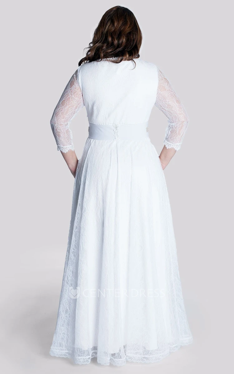 A-Line Floor-Length V-Neck Long Sleeve Lace Waist Jewellery Zipper Dress