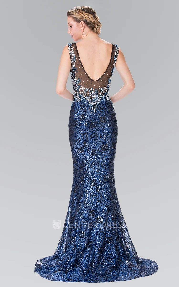 Sheath Maxi Scoop-Neck Sleeveless Sequins Low-V Back Dress With Lace And Beading