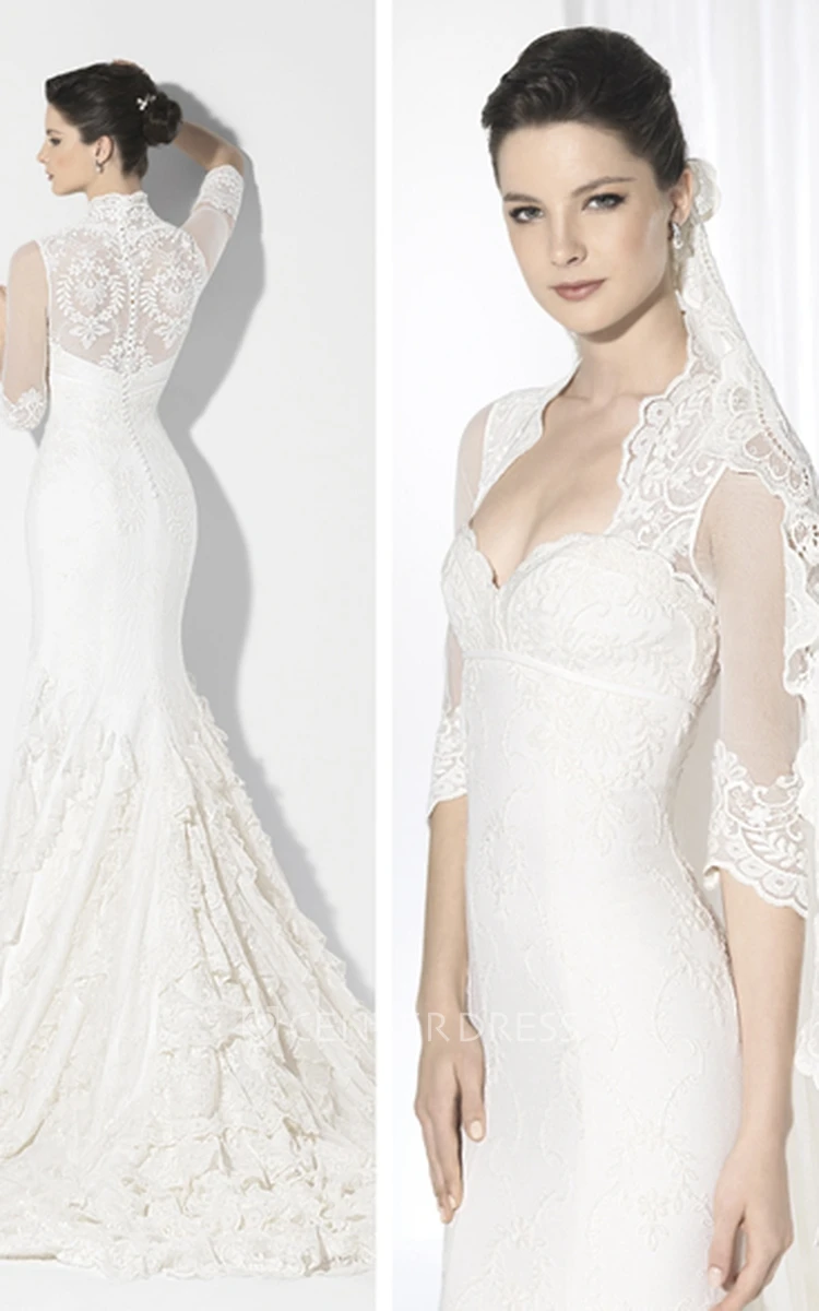 Sheath Half-Sleeve Sweetheart Ruffled Lace Wedding Dress With Illusion