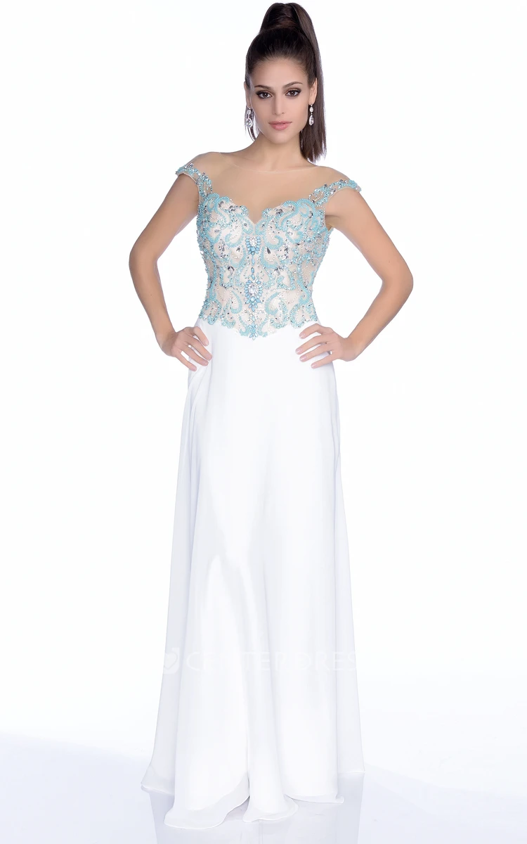 Column Chiffon Sleeveless Gown Featuring Jeweled Bodice And Deep V-Back
