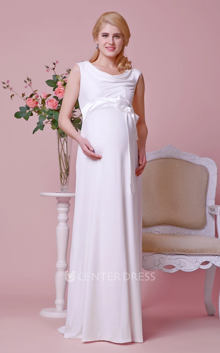 Cowl Neckline Cap Sleeves A-line Chiffon Maternity Wedding Dress with Sash