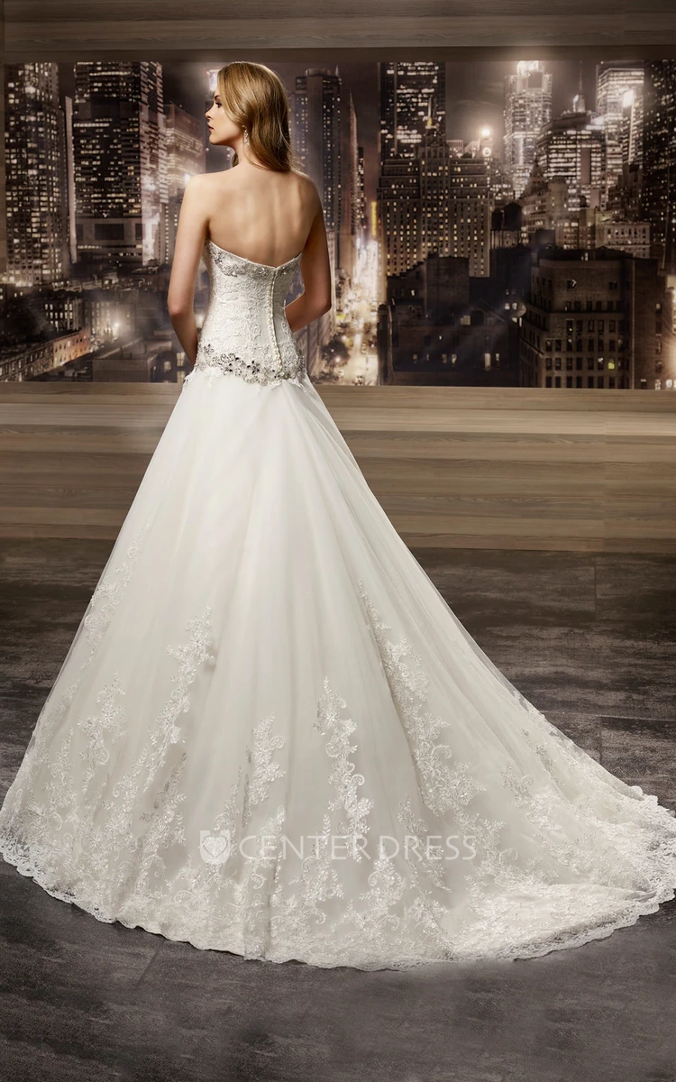 Sweetheart Brush-train A-line Lace Wedding Gown with Beaded Details and Appliques 