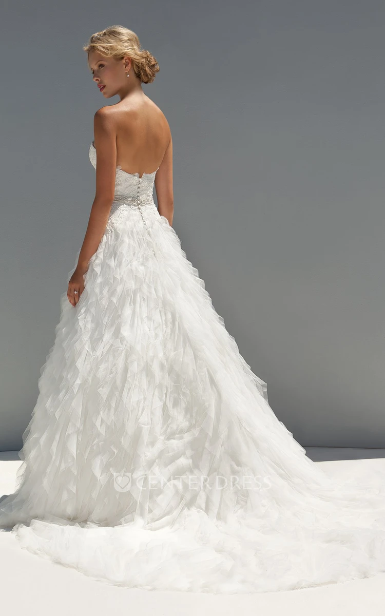 A-Line Sweetheart Floor-Length Cascading-Ruffle Sleeveless Tulle Wedding Dress With Appliques And Waist Jewellery