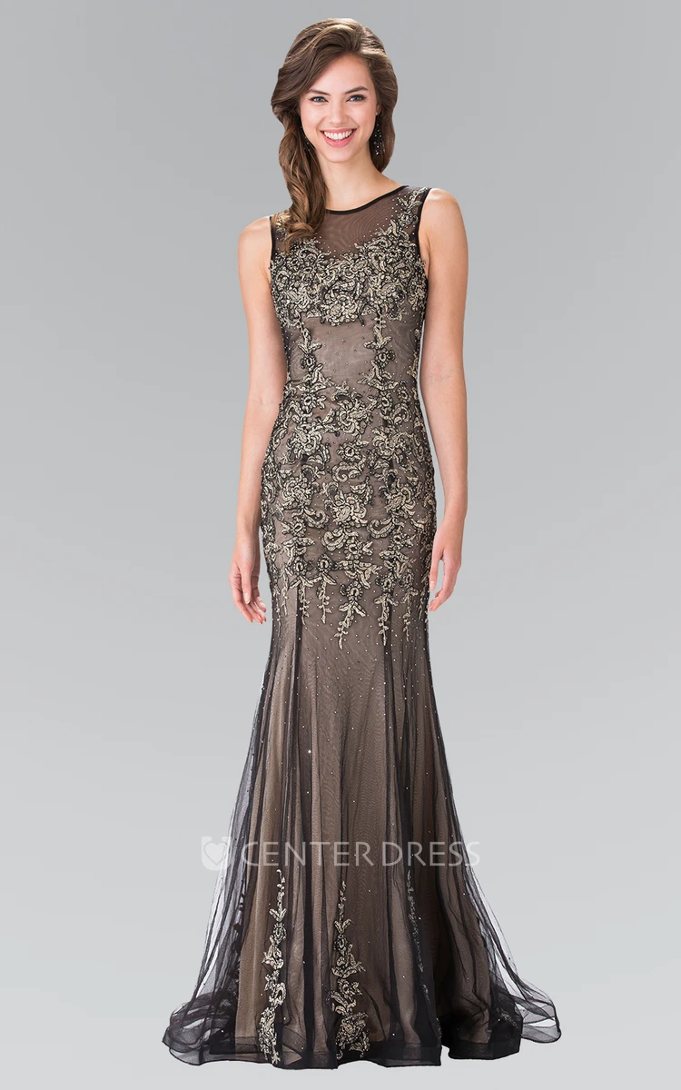 Sheath Jewel-Neck Sleeveless Tulle Illusion Dress With Appliques And Pleats