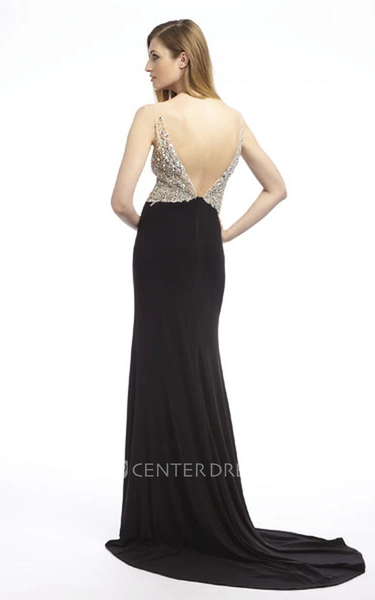 Sheath Floor-Length V-Neck Beaded Sleeveless Jersey Prom Dress With Split Front