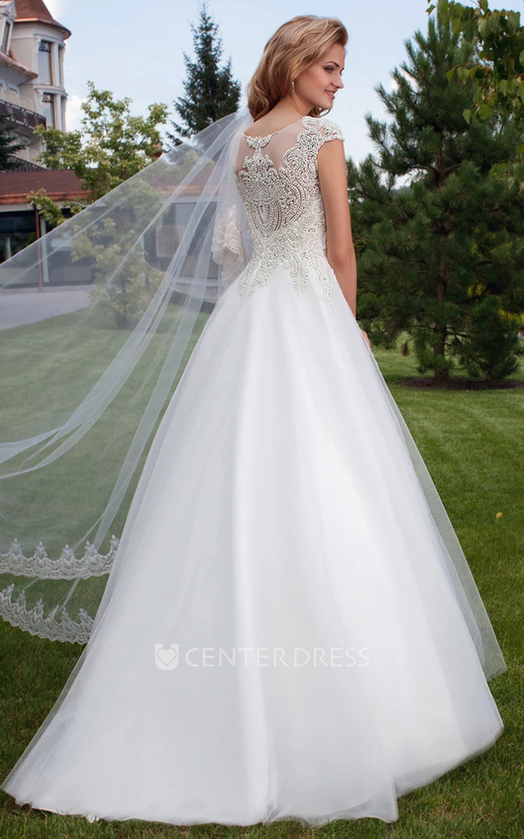 Ball Gown Cap Sleeve Bateau Neck Appliqued Tulle Wedding Dress