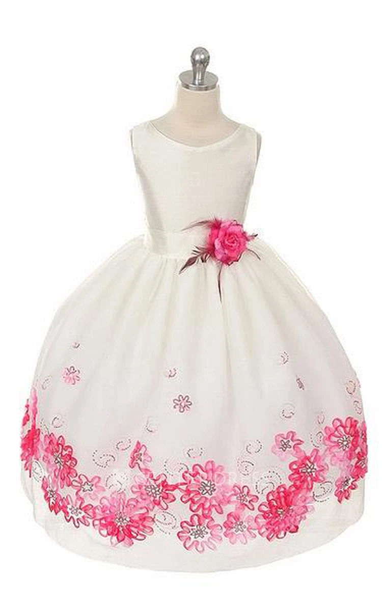 Tea-Length Tiered Beaded Tulle&Sequins Flower Girl Dress