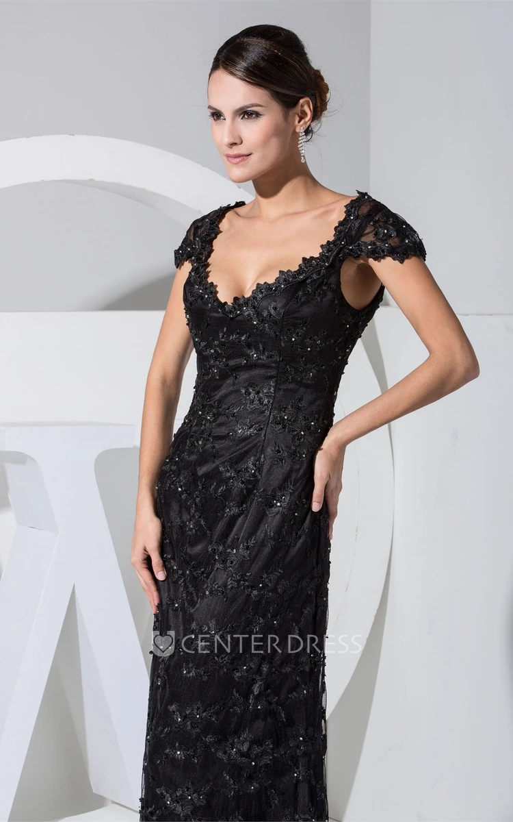 Sheath Queen-Anne Plunged Evening Dress with Appliques and Beading