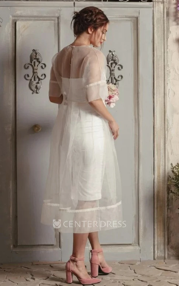 Modern Jewel A Line Organza Half Sleeve Tea-length Wedding Dress