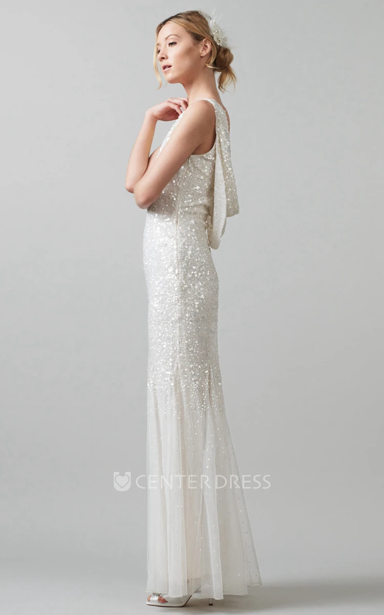 Sheath Sleeveless V-Neck Pleated Floor-Length Sequins Wedding Dress With Low-V Back