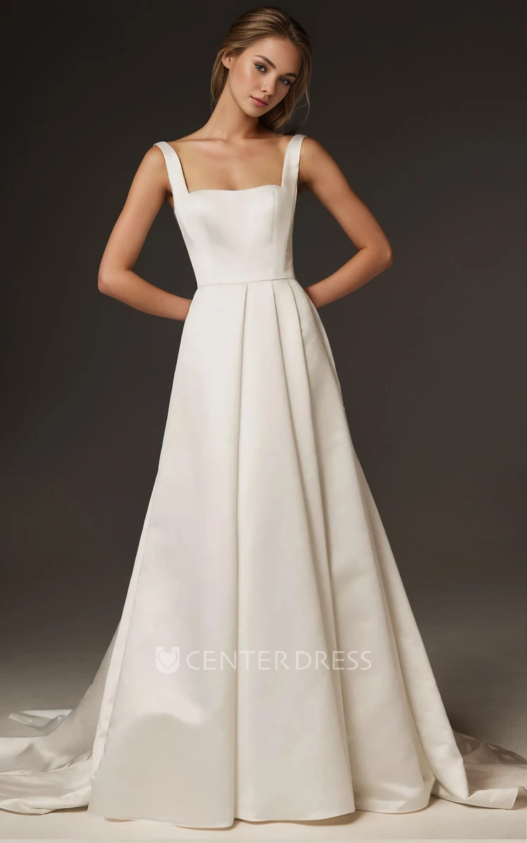Elegant Simple A-Line Satin Wedding Dress Vintage Square Neck Sleeveless Pleats Backless Bridal Gown with Train