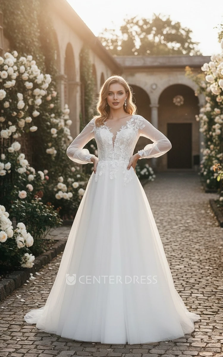 Boho Ethereal Long Sleeve A-Line Plunging-V Neck Flowers Lace Tulle Spring Wedding Dress Romantic Garden Floor-length Bridal Gown with Button V Back