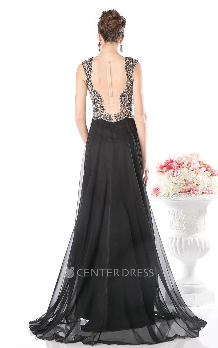 Sheath Maxi Queen Anne Chiffon Illusion Dress With Beading And Pleats