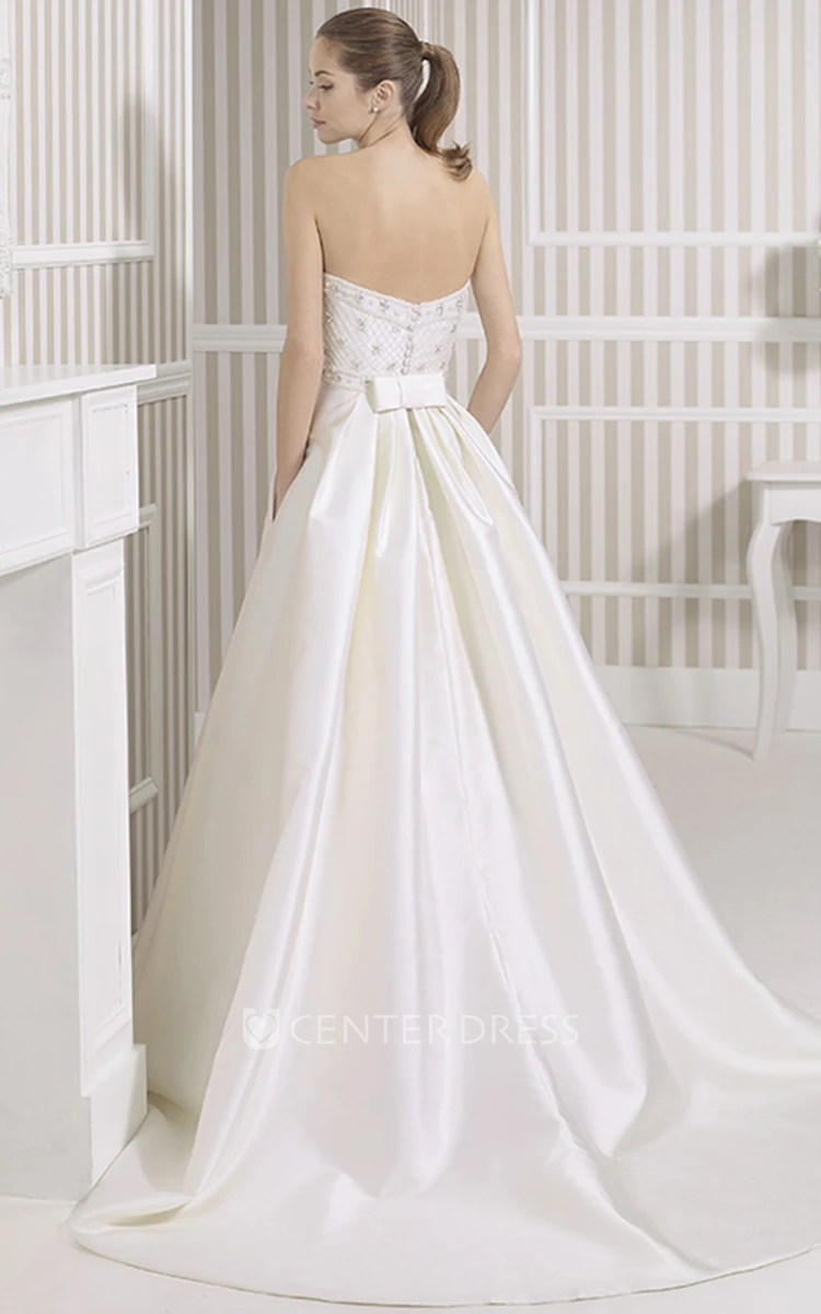 A-Line Jeweled Sweetheart Satin Wedding Dress With Criss Cross And Flower