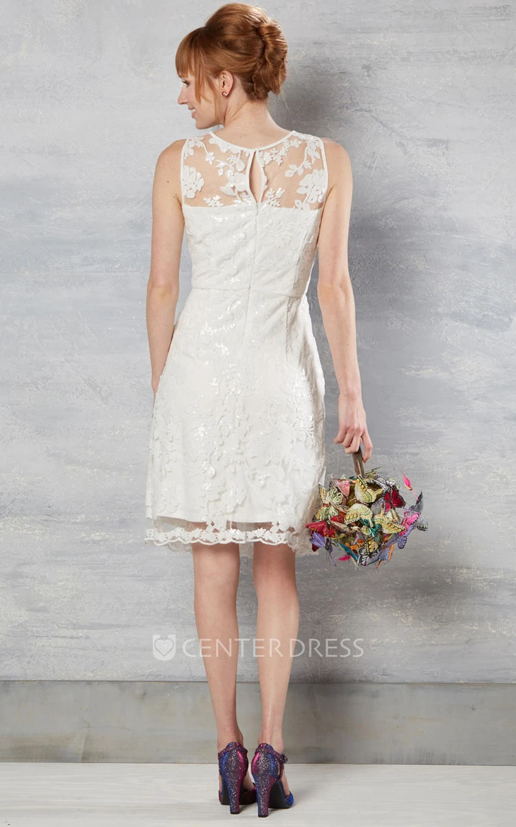 Sleeveless Knee-Length Scoop-Neck Lace Wedding Dress With Appliques