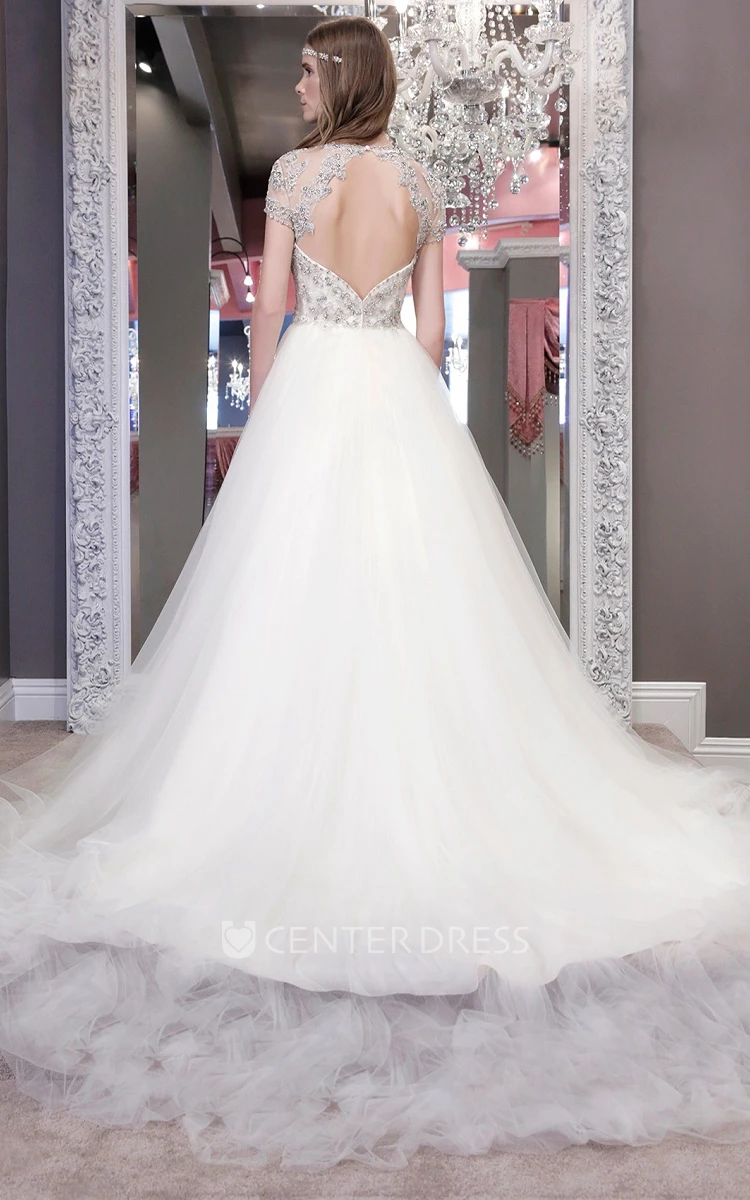 Ball-Gown Bateau Short-Sleeve Long Beaded Tulle Wedding Dress With Keyhole Back And Ruffles