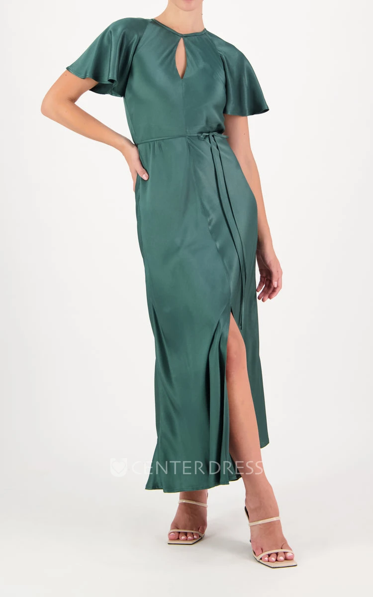 Simple Notched Neckline A Line Charmeuse Bridesmaid Dress with Open Back and Sash