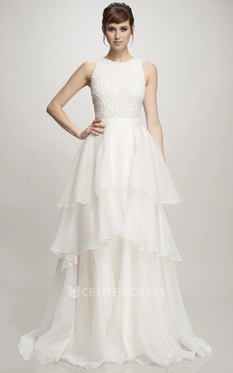 A-Line Beaded Sleeveless Maxi Jewel Organza Wedding Dress With Zipper Back And Tiers