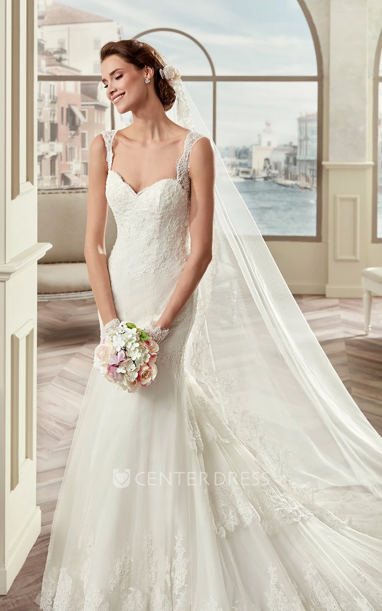 Square-Neck Sheath Mermaid Bridal Gown With Lace Straps And Brush Train