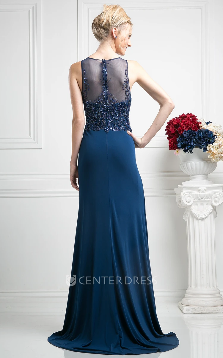 Sheath Long Scoop-Neck Sleeveless Jersey Illusion Dress With Beading And Draping