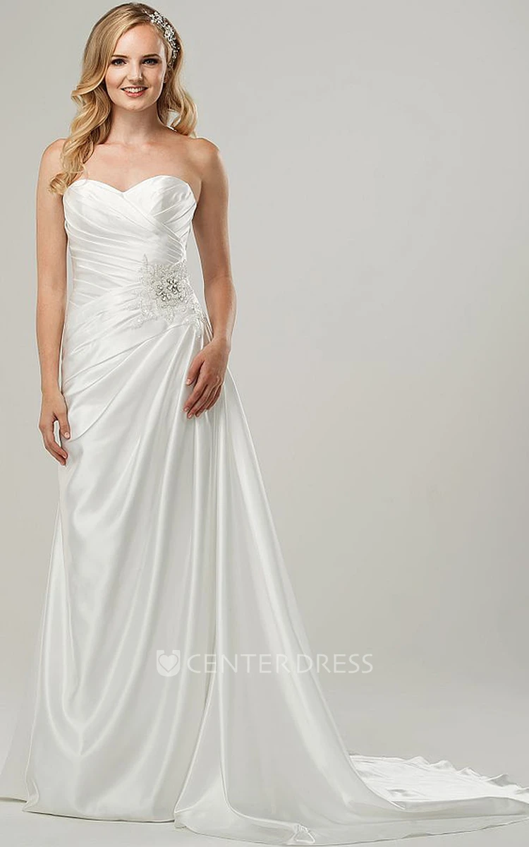 Sheath Floor-Length Sweetheart Jeweled Satin Wedding Dress With Criss Cross And Corset Back