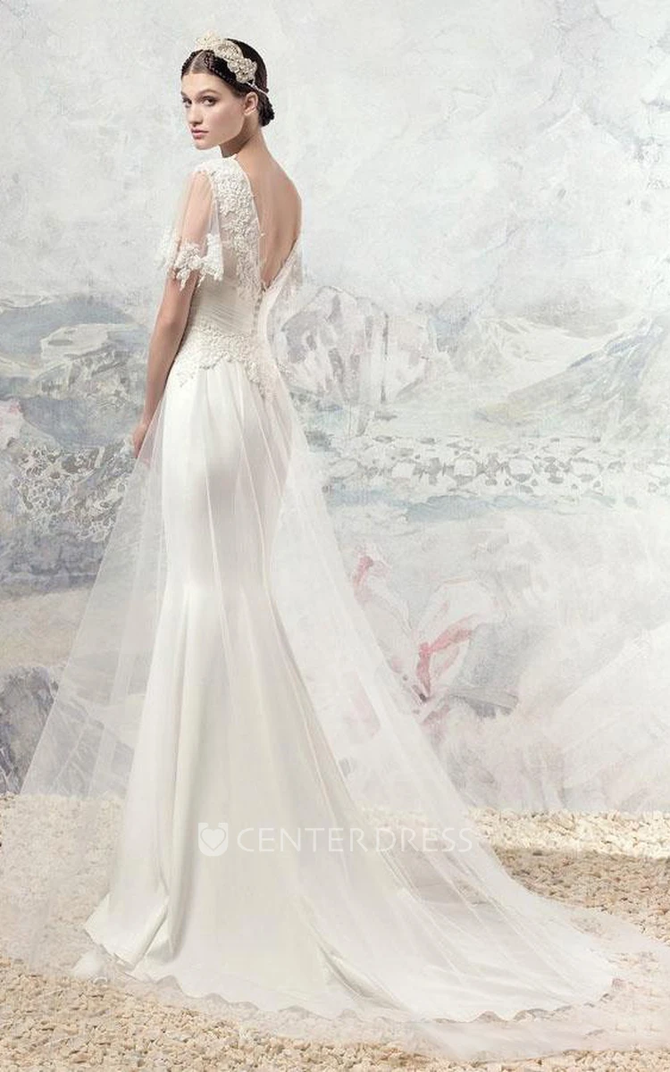 Boho Half Sleeve V-Neck Backless Lace and Tulle Wedding Dress