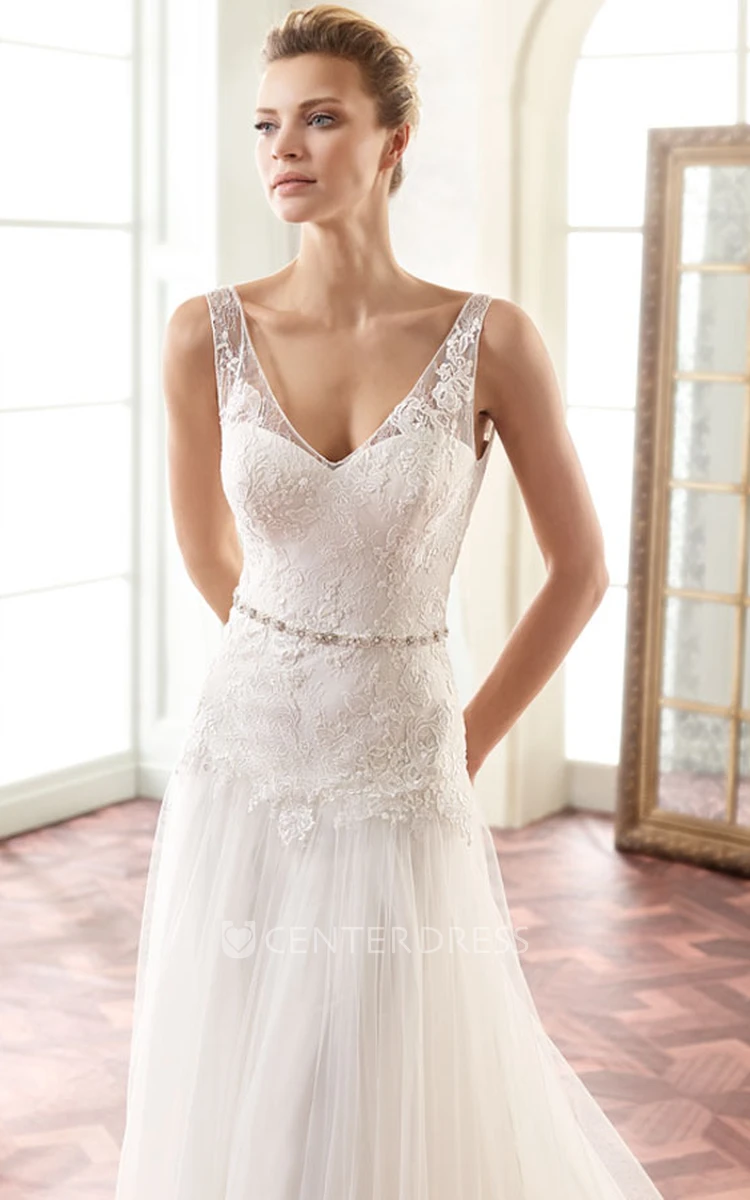 A-Line Floor-Length Sleeveless Appliqued V-Neck Lace Wedding Dress With Pleats And Waist Jewellery