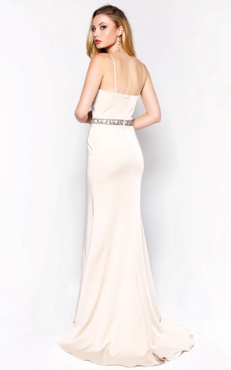 Sheath Scoop-Neck Jersey Dress With Beading And Cape