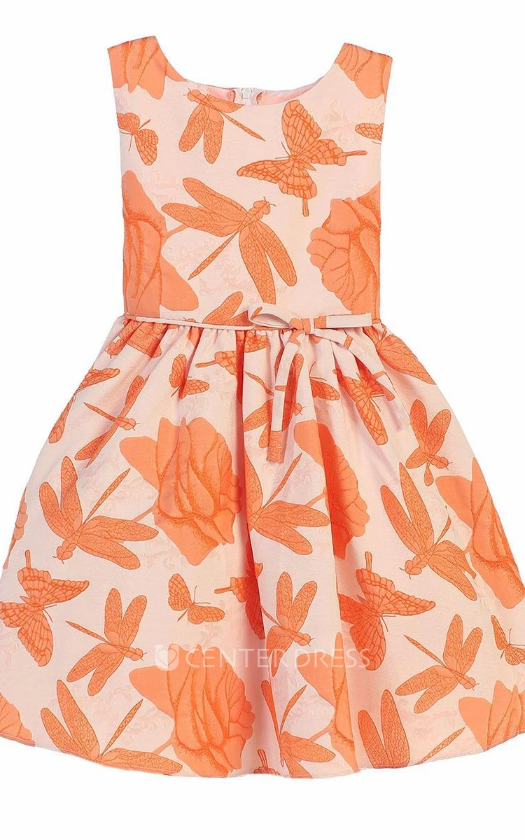 Embroideried Tea-Length Floral Bowed Flower Girl Dress With Ribbon