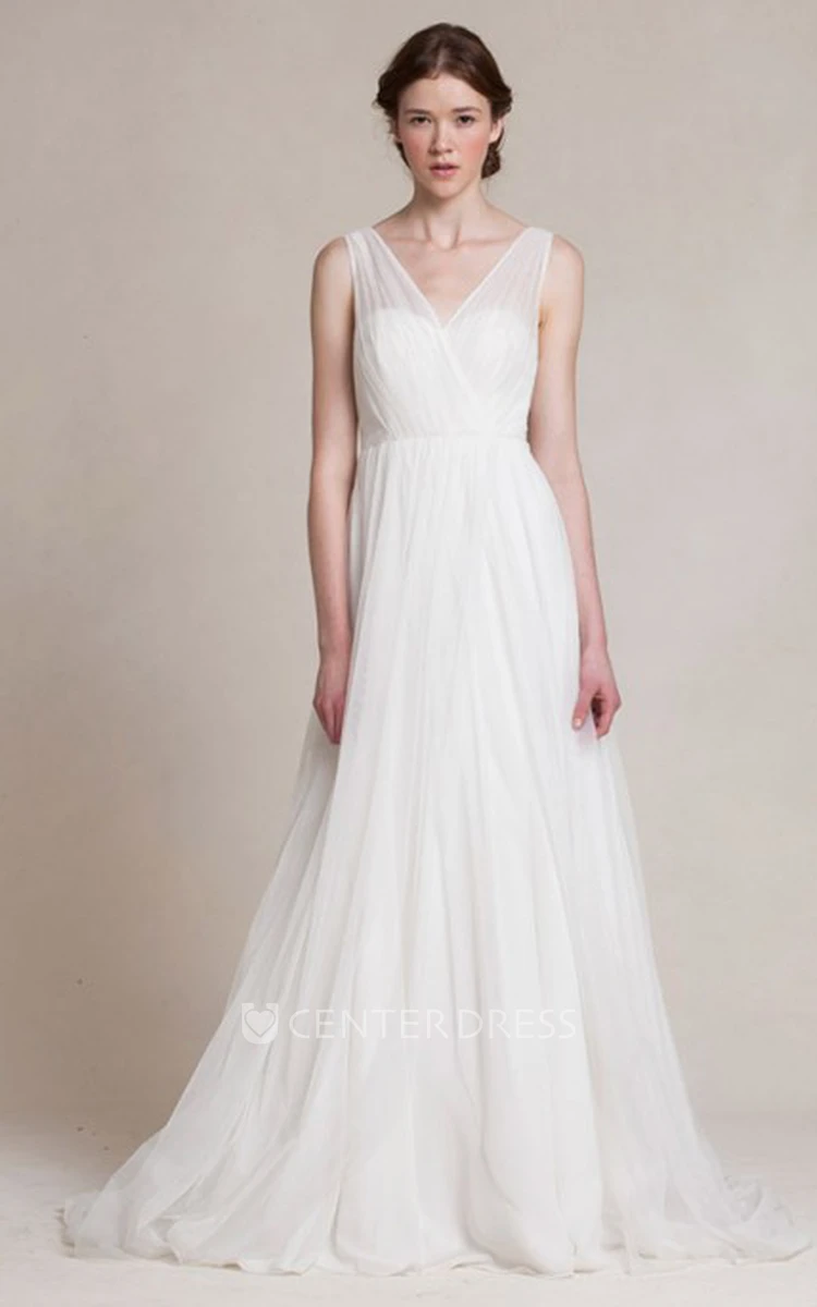 A-Line Jeweled V-Neck Long Sleeveless Tulle Wedding Dress With Pleats