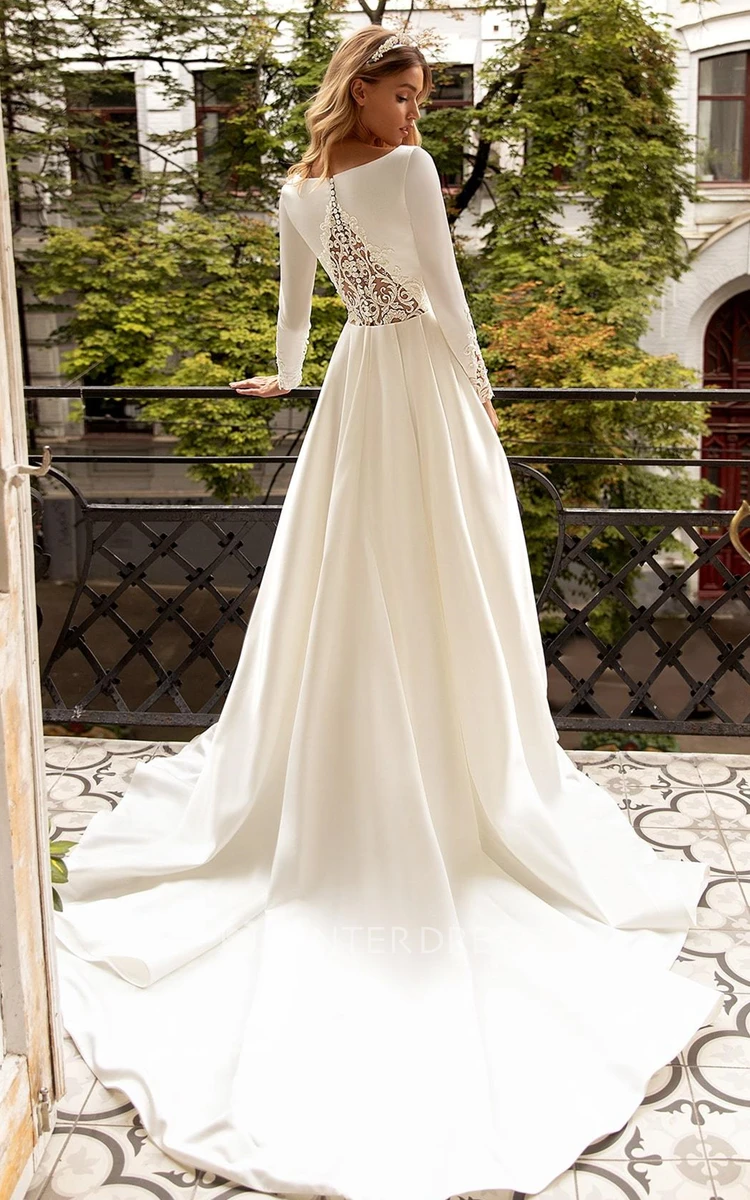 Long Sleeved Ethereal A Line Satin Wedding Gown with Ruching
