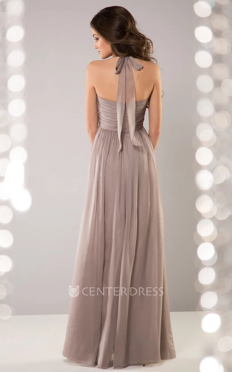 Halter Floor-Length Bridesmaid Dress With Criss Cross Ruching And Bow