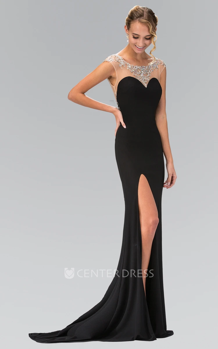 Sheath Maxi Scoop-Neck Cap-Sleeve Jersey Deep-V Back Dress With Split Front And Beading