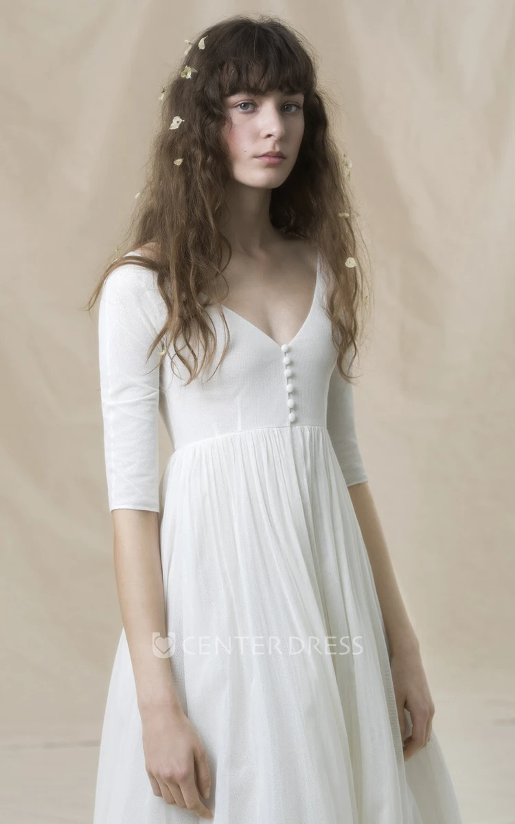 Elegant Tulle A Line Floor-length Half Sleeve V-neck Wedding Dress with Ruching