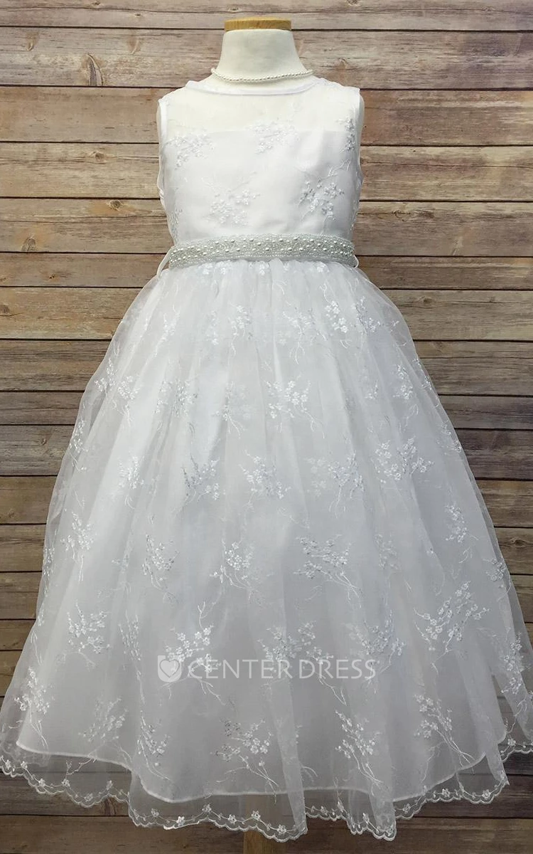 Tea-Length Floral Beaded Lace&Organza Flower Girl Dress With Illusion