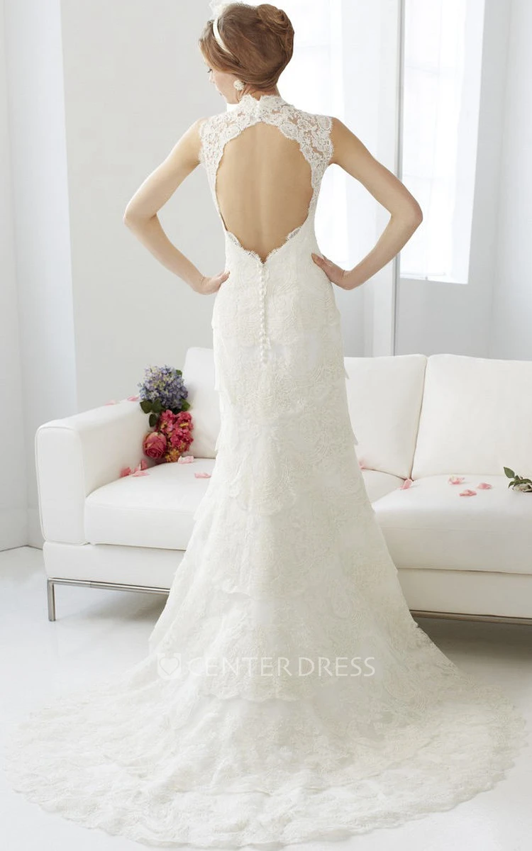 A-Line Appliqued V-Neck Long Sleeveless Lace Wedding Dress With Keyhole Back And Tiers