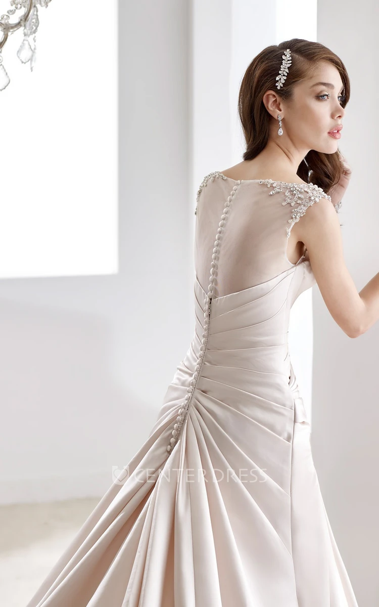 Cap Sleeve Beaded Satin Gown With Pleated Design And Illusive Neckline And Back