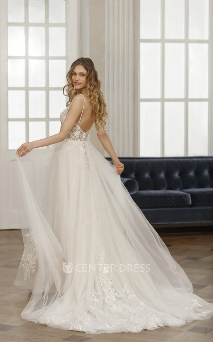 Sleeveless Sexy Plunging V-neck A-Line Lace Wedding Bride Dress with Deep-V Back Brush Train 