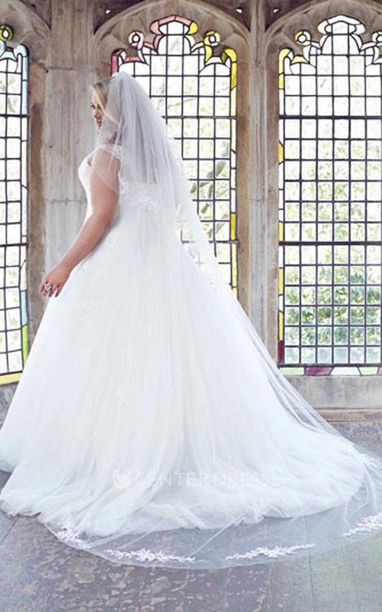 Ball Gown Scoop-Neck Sleeveless Long Tulle Plus Size Wedding Dress With Appliques And Brush Train