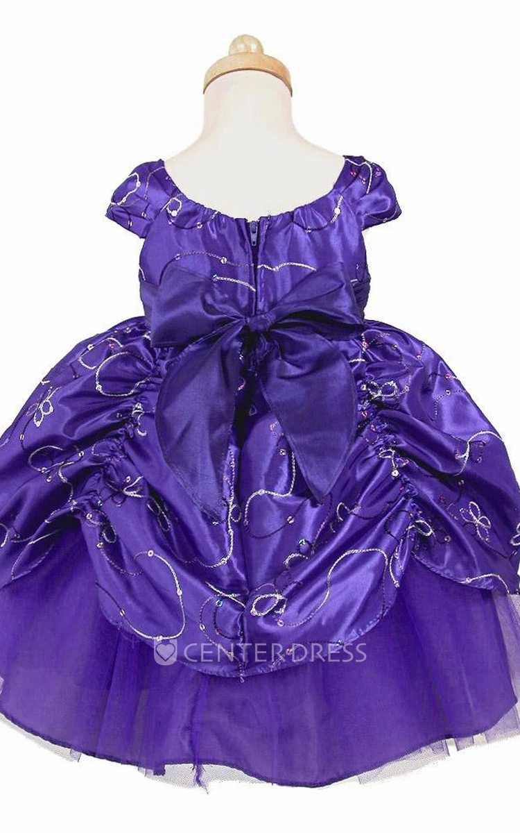 Ankle-Length Embroideried Tiered Beaded Sequins&Taffeta Flower Girl Dress With Ribbon