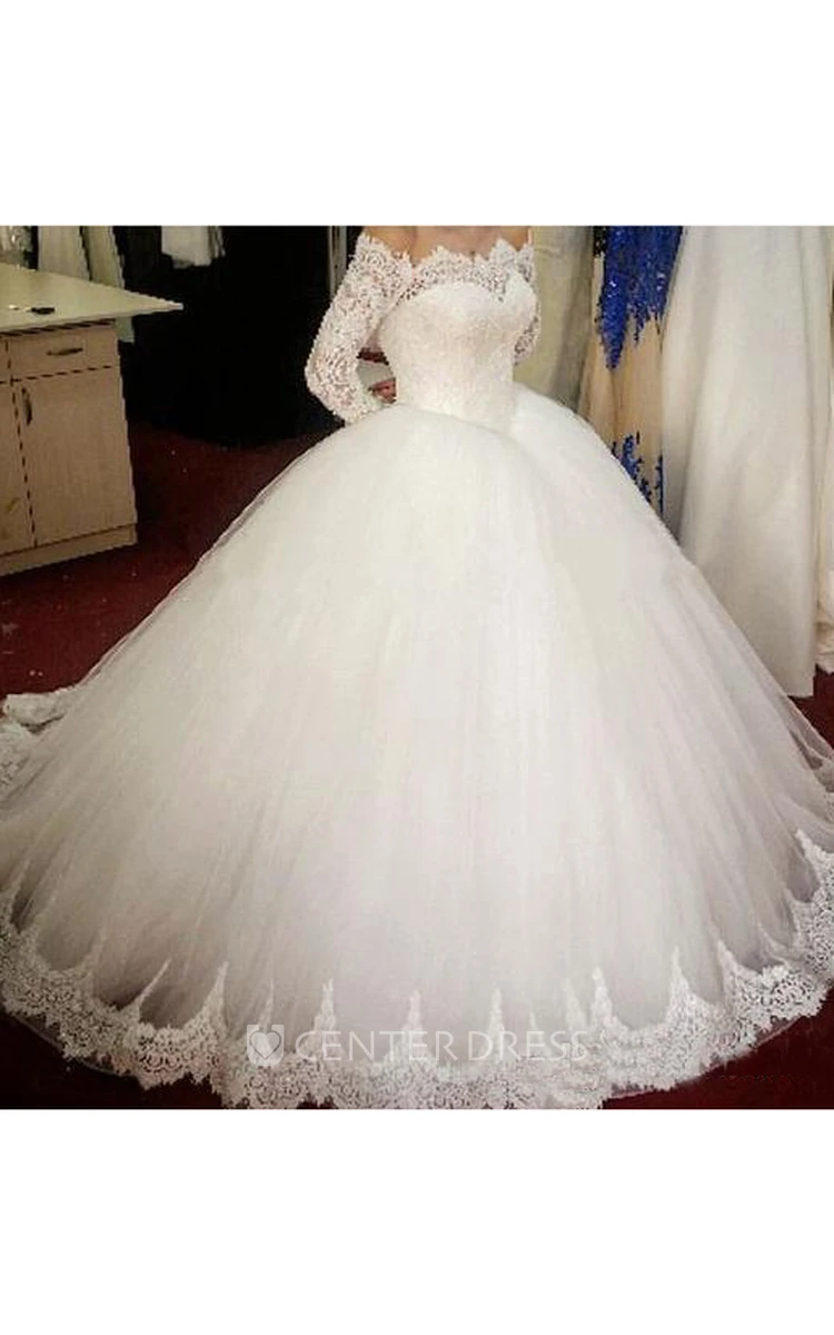 Ball Gown Off-the-shoulder Lace Tulle Zipper Wedding Dress