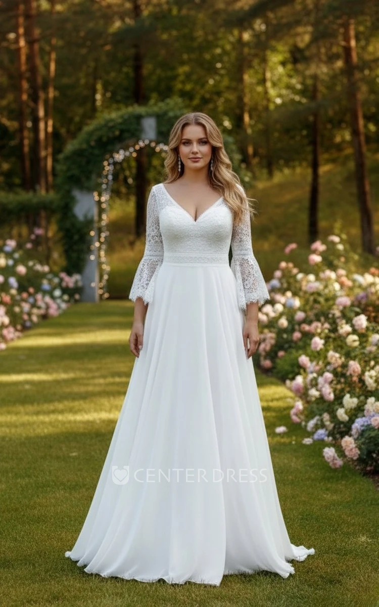 Bohemian Plus Size Lace Bell Sleeve Winter Wedding Dress Elegant Deep V-Neck Flowy Chiffon A Line Bridal Gown