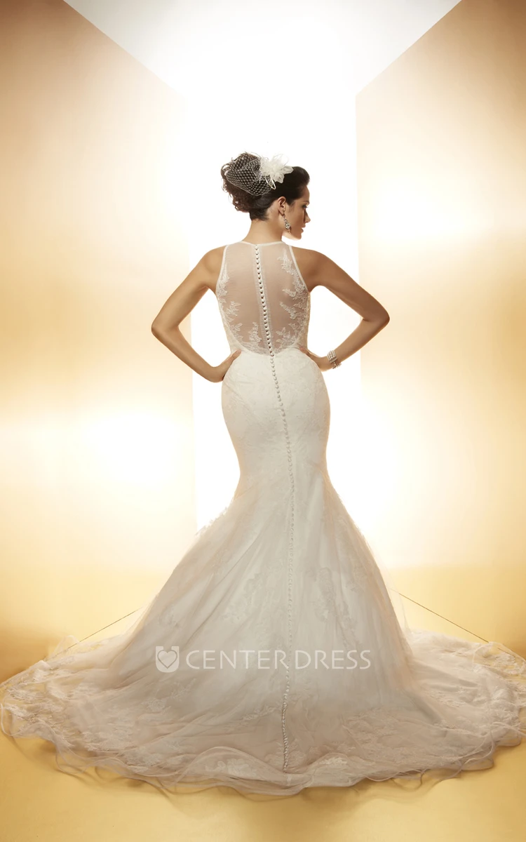 Trumpet Sleeveless Long High Neck Appliqued Lace Wedding Dress With Court Train And Illusion Back