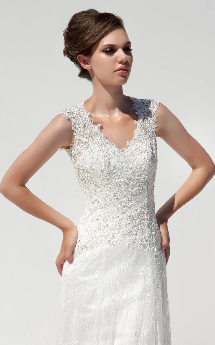 A-Line Appliqued V-Neck Sleeveless Floor-Length Lace Wedding Dress