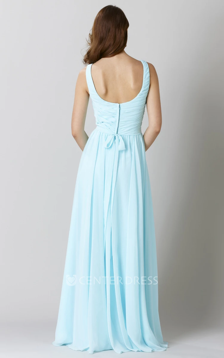 Floor-Length Square Criss-Cross Chiffon Bridesmaid Dress With Pleats And V Back