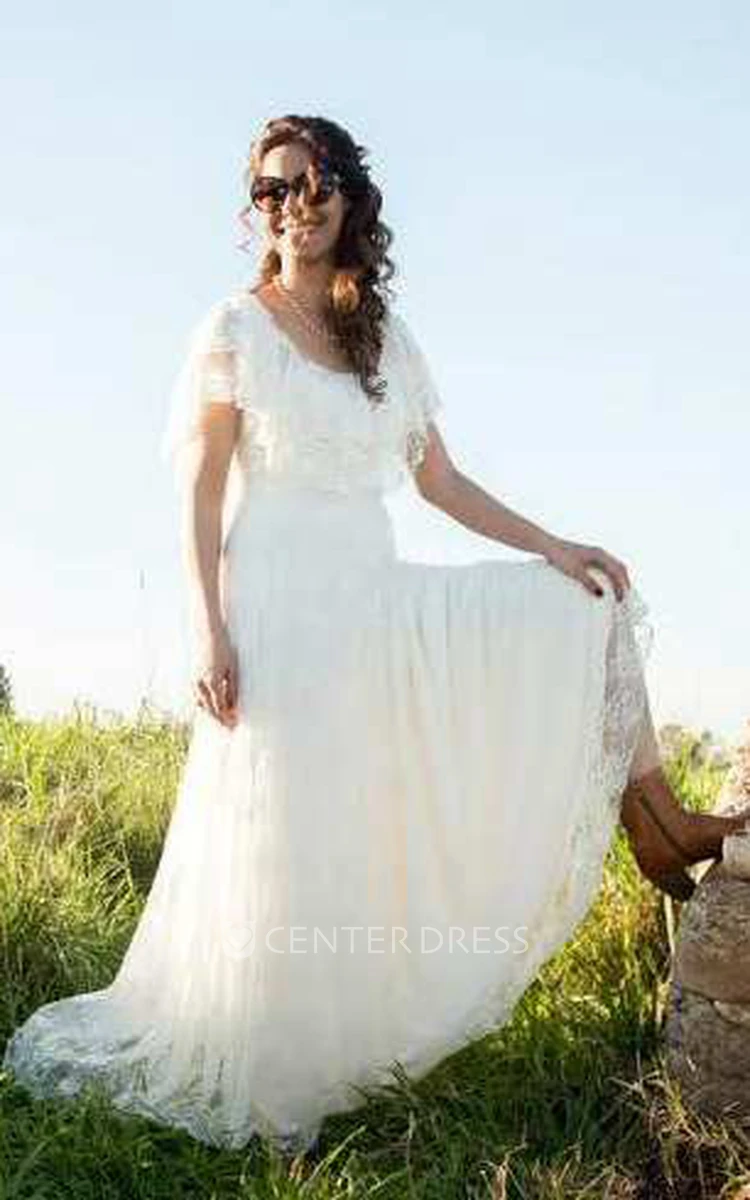 Boho Scoop-Neck Lace And Pleated Wedding Dress